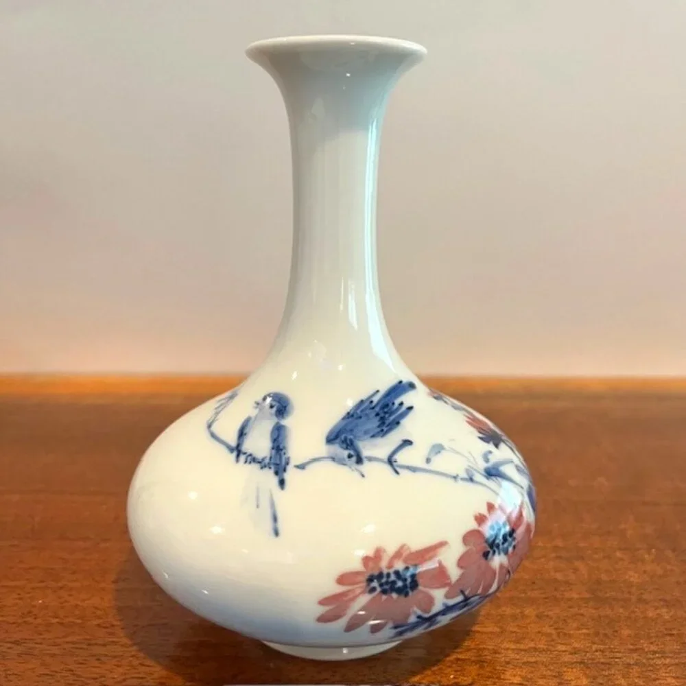 Vintage Hand Painted Birds Flowers Vase